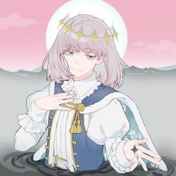 Rule 34 | 1boy, blue eyes, cape, crown, diamond hairband, fate/grand order, fate (series), grey hair, juliet sleeves, long sleeves, looking at viewer, male focus, morikiri, oberon (fate), partially submerged, puffy sleeves, solo, sun
