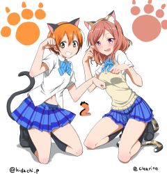 Rule 34 | 10s, 2girls, absurdres, animal ears, blush, cat ears, cat tail, clearite, collaboration, dress shirt, fang, hairband, highres, hoshizora rin, kidachi, kneeling, looking at viewer, love live!, love live! school idol project, multiple girls, navel, nishikino maki, open mouth, orange hair, paw pose, red hair, school uniform, shirt, short hair, skirt, smile, sweater vest, tail, twitter username, wavy mouth, yellow eyes