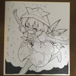 Rule 34 | 1girl, absurdres, barefoot, cirno, closed eyes, commentary request, dress, flower, futa (nabezoko), greyscale, hat, hidden star in four seasons, highres, ice, ice wings, monochrome, open mouth, outstretched arms, photo (medium), pinafore dress, plant, puffy short sleeves, puffy sleeves, shikishi, short sleeves, sleeveless dress, smile, solo, spread arms, sunflower, tan, tanned cirno, touhou, traditional media, vines, wings