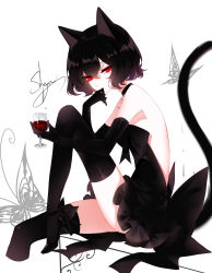 Rule 34 | 1girl, absurdres, alcohol, animal ears, artist name, backless dress, backless outfit, bare shoulders, black bow, black choker, black dress, black footwear, black gloves, black hair, bow, bug, butterfly, cat ears, cat tail, choker, crescent, crescent choker, cropped legs, cup, dress, drinking glass, elbow gloves, eyelashes, feet out of frame, gloves, hair between eyes, hand to own mouth, hand up, high heels, highres, holding, holding cup, insect, knee up, looking at viewer, original, red eyes, sheya, short dress, signature, simple background, sitting, solo, strapless, strapless dress, tail, thighhighs, thighs, white background, wine, wine glass
