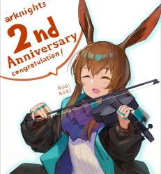 Rule 34 | 1girl, :d, ^ ^, amiya (arknights), animal ear fluff, animal ears, anniversary, arknights, black jacket, blue outline, bow (music), brown hair, closed eyes, commentary request, english text, facing viewer, hair between eyes, holding, holding bow (music), holding instrument, holding violin, instrument, jacket, kegani (kegani01), long hair, long sleeves, music, open clothes, open jacket, open mouth, outline, playing instrument, puffy long sleeves, puffy sleeves, rabbit ears, shirt, sidelocks, simple background, smile, solo, upper body, violin, white background, white shirt