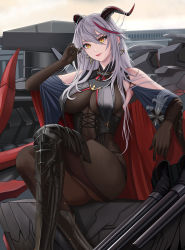 Rule 34 | 1girl, absurdres, aegir (azur lane), artillery, ass, asymmetrical footwear, azur lane, bare shoulders, black cape, bodystocking, boots, breast curtains, breasts, brown gloves, cape, cross, cross-laced clothes, cross earrings, demon horns, earrings, elbow gloves, feet out of frame, gloves, hair between eyes, hair on horn, hand in own hair, highres, horns, impossible clothes, iron cross, jewelry, knee boots, large breasts, long hair, looking at viewer, multicolored hair, red hair, rigging, sidraxiii, single knee boot, sitting, skin tight, solo, streaked hair, turret, underbust, uneven footwear, white hair, yellow eyes