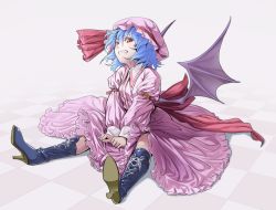 Rule 34 | 1girl, arm belt, bat wings, blue hair, boots, cross-laced footwear, dress, fang, grin, hat, hat ribbon, high heel boots, high heels, knee boots, lace-up boots, long sleeves, looking at viewer, mob cap, pink dress, red eyes, remilia scarlet, ribbon, sash, sitting, slit pupils, smile, solo, tile floor, tiles, tkln, touhou, v arms, wings