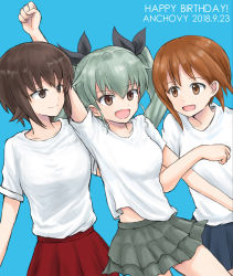 Rule 34 | 10s, :d, anchovy (girls und panzer), arm up, black ribbon, blue background, blue skirt, brown eyes, brown hair, casual, character name, clenched hand, closed mouth, commentary, dated, drill hair, dutch angle, english text, girl sandwich, girls und panzer, grey skirt, hair ribbon, happy birthday, layered skirt, locked arms, long hair, looking at another, miniskirt, mutsu (layergreen), nishizumi maho, nishizumi miho, open mouth, pleated skirt, raised fist, red eyes, red skirt, ribbon, sandwiched, shirt, short hair, short sleeves, siblings, simple background, sisters, skirt, smile, standing, t-shirt, twin drills, twintails, white shirt