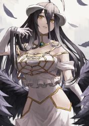 Rule 34 | 1girl, ahoge, albedo (overlord), bare shoulders, black hair, black wings, breasts, commentary request, cowboy shot, demon girl, demon horns, demon wings, dress, elbow gloves, fagi (kakikaki), feathered wings, feathers, gloves, gradient background, grey background, hair between eyes, horns, large breasts, long hair, looking at viewer, low wings, overlord (maruyama), slit pupils, solo, white dress, white gloves, wings, yellow eyes