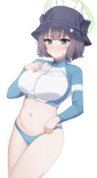 Rule 34 | 1girl, absurdres, bikini, bikini bottom only, black hat, blue archive, blue bikini, blush, breasts, bucket hat, commentary, cowboy shot, green eyes, green halo, halo, hand on own chest, hand up, hat, highres, hinmyoi, large breasts, long sleeves, navel, official alternate costume, purple hair, rash guard, saki (blue archive), saki (swimsuit) (blue archive), short hair, simple background, solo, standing, sweat, swimsuit, thighs, white background