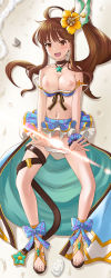 Rule 34 | 1girl, :d, bare shoulders, beach, bikini, bikini pull, breasts, brown eyes, brown hair, choker, cleavage, clothes lift, clothes pull, collarbone, commentary request, commission, diantha (granblue fantasy), flower, footwear bow, from above, full body, granblue fantasy, hair flower, hair ornament, highres, large breasts, light censor, long hair, looking at viewer, lying, navel, nipples, on back, open mouth, pixiv commission, ponytail, pussy, pussy peek, sand, scrunchie, seashell, shell, skirt, skirt lift, smile, solo, swimsuit, tooo, wrist scrunchie