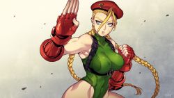Rule 34 | 1girl, absurdres, beret, blonde hair, blue eyes, braid, breasts, cammy white, chest harness, covered navel, fingerless gloves, fishine, gloves, green leotard, hair between eyes, harness, hat, highleg, highleg leotard, highres, large breasts, leotard, long hair, red gloves, red hat, solo, street fighter, thong leotard, twin braids, upper body, very long hair