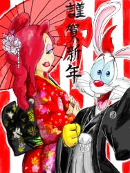 Rule 34 | japanese clothes, jessica rabbit, kimono, lipstick, makeup, red hair, roger rabbit, umbrella, who framed roger rabbit
