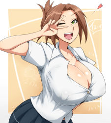Rule 34 | 1girl, breasts, brown hair, cleavage, green eyes, highres, huge breasts, looking at viewer, mumumu (three emu), open mouth, original, smell, solo, sweat stain, v