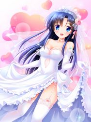 Rule 34 | 1girl, blue eyes, blue hair, breasts, bridal veil, cleavage, cleavage cutout, clothing cutout, collar, collarbone, dress, elbow gloves, flower, garter straps, gloves, hair flower, hair ornament, hair ribbon, heart, heart cutout, highres, long hair, open mouth, original, pink flower, pink ribbon, ribbon, safety pin, see-through, skirt hold, solo, strapless, strapless dress, thighhighs, veil, wedding dress, white dress, white gloves, white thighhighs, yagami-all hail nanao