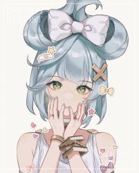 Rule 34 | 1girl, alternate hairstyle, aqua hair, bare shoulders, blunt bangs, bow, bracelet, cinnamiku hairstyle, cowlick, dress, faruzan (genshin impact), genshin impact, green eyes, hair between eyes, hair bow, hair ornament, highres, jewelry, long hair, looking at viewer, parted lips, short sleeves, solo, symbol-shaped pupils, tana (tanabio), triangle-shaped pupils, upper body, white dress, x hair ornament