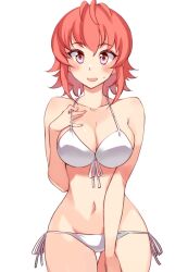 Rule 34 | 1girl, :d, bare arms, bare shoulders, bikini, blush, breasts, cleavage, collarbone, cowboy shot, front-tie bikini top, front-tie top, gluteal fold, hand on own chest, kusanagi tonbo, large breasts, looking at viewer, mitsuru-kun (kusanagi tonbo), navel, open mouth, orange eyes, original, pink hair, ribbon, short hair, side-tie bikini bottom, simple background, smile, solo, stomach, swimsuit, thigh gap, white background, white bikini, white ribbon