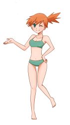 1girl, aqua eyes, barefoot, bikini, blue eyes, breasts, creatures (company), full body, game freak, hand on hip, looking at viewer, misty (pokemon), neko19920311, nintendo, one eye closed, orange hair, pokemon, pokemon (anime), pokemon (classic anime), side ponytail, solo, striped, striped bikini, swimsuit, tied hair
