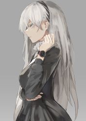 Rule 34 | 1girl, absurdres, arm up, black dress, dress, eyebrows hidden by hair, from side, grey background, grey hair, hairband, highres, klasse14, long hair, looking to the side, original, simple background, solo, thkani, upper body, watch, yellow eyes