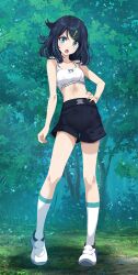 1girl :o bare_arms black_hair black_shorts blue_eyes bra breasts creatures_(company) day forest full_body game_freak hair_ornament hairclip hand_on_own_hip highres kneehighs liko_(pokemon) long_hair midriff nature nintendo open_mouth outdoors pokemon pokemon_(anime) pokemon_horizons short_shorts shorts small_breasts socks solo standing stomach swept_bangs tsukishiro_saika underwear white_bra white_footwear white_socks