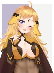 Rule 34 | absurdres, ahoge, blonde hair, blue eyes, blush, breasts, circlet, commission, commissioner upload, fire emblem, fire emblem fates, highres, large breasts, long hair, navel, nintendo, one eye closed, open mouth, ophelia (fire emblem), solo, upper body, xxalisa