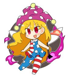 Rule 34 | 1girl, american flag dress, american flag legwear, blonde hair, blush, clownpiece, dress, fairy, fairy wings, fang, full body, hat, highres, holding, holding torch, ini (inunabe00), jester cap, long hair, open mouth, pantyhose, pink headwear, polka dot, polka dot headwear, red eyes, simple background, skin fang, smile, solo, star (symbol), star print, striped clothes, striped dress, striped pantyhose, torch, touhou, white background, wings