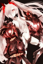 Rule 34 | 10s, 1girl, abyssal ship, bad id, bad pixiv id, bare shoulders, cannon, collarbone, glowing, glowing eyes, groin, hair over one eye, kantai collection, long hair, navel, pale skin, pink eyes, red eyes, silver hair, solo, southern ocean war princess, turret, twintails, very long hair, weapon, yuzumochi