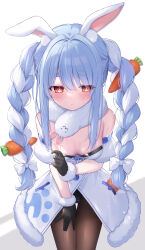 Rule 34 | 1girl, absurdres, animal ear fluff, animal ears, black gloves, black leotard, blue hair, blush, bow, braid, breasts, brown pantyhose, carrot, carrot hair ornament, closed mouth, coat, commentary request, detached sleeves, don-chan (usada pekora), food-themed hair ornament, fur-trimmed coat, fur-trimmed gloves, fur scarf, fur trim, gloves, hair bow, hair ornament, highres, hololive, leotard, leotard under clothes, long hair, multicolored hair, pantyhose, puffy detached sleeves, puffy short sleeves, puffy sleeves, rabbit-shaped pupils, rabbit ears, rabbit girl, red eyes, scarf, senagawa roro, short eyebrows, short sleeves, sidelocks, simple background, small breasts, solo, strapless, strapless leotard, symbol-shaped pupils, thick eyebrows, thigh gap, twin braids, twintails, two-tone hair, usada pekora, usada pekora (1st costume), virtual youtuber, wet, white bow, white coat, white hair, white scarf, white sleeves