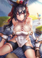 Rule 34 | 1girl, absurdres, animal ears, arm support, black hair, blanket, blush, book, breasts, cleavage, collarbone, covered navel, cup, drinking glass, drinking straw, erune, flower, granblue fantasy, hair between eyes, hair flower, hair ornament, hair ribbon, highres, hikari (komitiookami), ilsa (granblue fantasy), large breasts, long hair, looking at viewer, md5 mismatch, nail polish, outdoors, red eyes, red nails, resolution mismatch, ribbon, rose, sitting, smile, solo, source smaller, swimsuit, wariza, wind