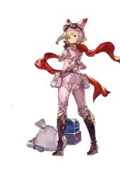 Rule 34 | 1girl, animal hat, ass, blonde hair, boots, djeeta (granblue fantasy), finger gun, from behind, full body, gloves, goggles, goggles on head, granblue fantasy, hand on own hip, hat, high heel boots, high heels, jacket, looking at viewer, minaba hideo, official art, open clothes, open jacket, pouch, racing suit, red scarf, sack, scarf, short hair, smile, solo, transparent background, treasure chest