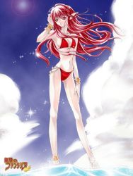 Rule 34 | 1girl, anklet, bangle, barefoot, bikini, bracelet, cloud, day, fog, jewelry, long hair, long legs, mugen no fantasia, pale skin, pointy ears, red eyes, red hair, sky, solo, sparkle, sun, swimsuit, very long hair, wading, water, yagami sai