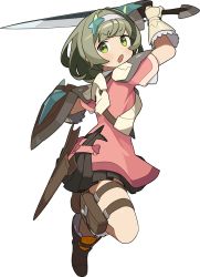 Rule 34 | 1girl, armor, arms up, artist request, black skirt, blunt bangs, blush, bob cut, boots, breastplate, breasts, brown footwear, dress, female focus, frilled footwear, frilled gloves, frills, full body, gloves, green eyes, green hair, grey hairband, hair intakes, hair ornament, hairband, holding, holding shield, holding sword, holding weapon, jumping, leg strap, leg up, light blush, looking to the side, millet (world flipper), miniskirt, non-web source, official art, open mouth, pleated skirt, pouch, red dress, sheath, shield, short dress, short hair, short sleeves, shoulder armor, sidelocks, simple background, skirt, small breasts, solo, star (symbol), star hair ornament, sword, thigh strap, transparent background, v-shaped eyebrows, weapon, world flipper, yellow gloves