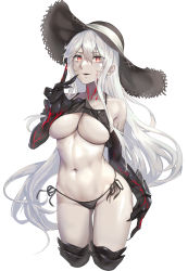 Rule 34 | 1girl, abyssal ship, aircraft carrier princess, aircraft carrier summer princess, bikini, black bikini, black hat, breasts, collarbone, colored skin, cropped legs, frilled bikini, frills, gauntlets, hair between eyes, hat, highres, kantai collection, kokuzou, large breasts, long hair, navel, open mouth, red eyes, simple background, solo, sun hat, swimsuit, white background, white hair, white skin