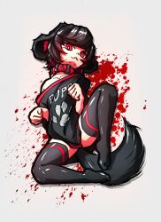 Rule 34 | 1boy, absurdres, animal ears, black hair, blood, blood splatter, collar, collarbone, dog boy, dog ears, dog tail, floofsmear, full body, highres, huge filesize, looking at viewer, md5 mismatch, original, oversized clothes, red collar, red eyes, resolution mismatch, self-upload, short hair, simple background, solo, source smaller, tail, thighhighs, thighs