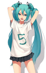 Rule 34 | 1girl, aqua eyes, aqua hair, arms up, fkey, hatsune miku, highres, long hair, looking at viewer, open mouth, simple background, skirt, solo, twintails, very long hair, vocaloid, white background