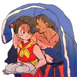 Rule 34 | 1boy, 1girl, ^ ^, aida kaiko, bare arms, bare shoulders, black eyes, black hair, chi-chi (dragon ball), chinese clothes, closed eyes, commentary request, couple, covering privates, dougi, dragon ball, dragon ball super, dragon ball super broly, dumpling, earrings, eyelashes, food, happy, hetero, holding, holding plate, hoop earrings, jewelry, looking at another, neckerchief, open mouth, pectorals, plate, profile, shaded face, shadow, simple background, sleeveless, smile, son goku, torn clothes, white background, yellow neckerchief