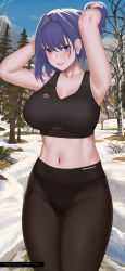 Rule 34 | 1girl, absurdres, armpits, bare arms, black bra, black panties, black pants, blue eyes, blue hair, bra, breasts, cleavage, hanada yanochi, highres, hololive, hololive english, landscape, large breasts, midriff, navel, ouro kronii, panties, pants, see-through, see-through pants, shirt, short hair, smile, solo, sports bra, sportswear, standing, stomach, sweatdrop, underwear, virtual youtuber, yoga