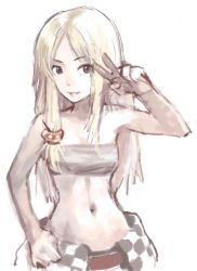 Rule 34 | 1girl, bandeau, bare shoulders, borrowed character, breasts, clothes around waist, long hair, matsuda (matsukichi), navel, original, salute, small breasts, solo, strapless, tube top, v
