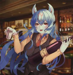 Rule 34 | 1girl, alcohol, bar (place), bartender, blue hair, blurry, blurry background, bottle, brown vest, calamity mod, collared shirt, commission, cup, drinking glass, highres, holding, holding cup, indoors, long hair, long sleeves, looking at viewer, nail polish, necktie, open mouth, orange shirt, personification, polterghast, red eyes, red nails, red necktie, shirt, solo, terraria, tomatolover16, vest, wine, wine bottle, wine glass