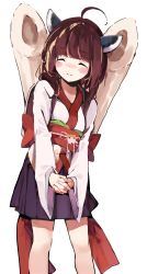 Rule 34 | 1girl, ^ ^, ahoge, blush stickers, breasts, brown hair, chikuwa, closed eyes, closed mouth, commentary request, closed eyes, facing viewer, food, headgear, highres, japanese clothes, kimono, lamb (hitsujiniku), long hair, long sleeves, obi, pleated skirt, purple skirt, sash, simple background, skirt, small breasts, smile, solo, standing, touhoku kiritan, voiceroid, white background, white kimono, wide sleeves