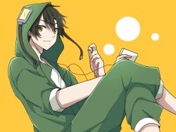 Rule 34 | 1boy, casual, circle, closed mouth, commentary, digital media player, earphones, eyes visible through hair, feet out of frame, green hoodie, green pants, hair between eyes, holding, holding digital media player, holding earphones, hood, hood up, hoodie, kagerou project, kanako-n-03-04, male focus, mekakucity actors, pants, seto kousuke, shirt, short hair, simple background, single earphone removed, sleeves past elbows, solo, t-shirt, white shirt, yellow background, yellow eyes