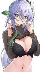 Rule 34 | 1girl, aged up, alternate costume, asymmetrical hair, bespectacled, black-framed eyewear, black bra, blush, bra, braid, breasts, brown sweater, catsmoon, cleavage, closed mouth, clothes lift, colored tips, cross-shaped pupils, crossed bangs, crown braid, genshin impact, glasses, gradient hair, green eyes, green hair, grey hair, hair between eyes, hair ornament, hands up, highres, large breasts, leaf hair ornament, lifted by self, long hair, long sleeves, looking at viewer, multicolored hair, nahida (genshin impact), navel, pointy ears, side ponytail, sidelocks, simple background, smile, solo, stomach, sweater, sweater lift, symbol-shaped pupils, turtleneck, turtleneck sweater, two-tone hair, underwear, very long hair, white background