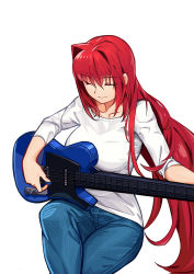 Rule 34 | 1girl, absurdres, aozaki aoko, blue pants, breasts, closed eyes, closed mouth, collarbone, commentary request, cqqz0707, crossed legs, denim, guitar, hair between eyes, hair intakes, highres, holding, holding instrument, instrument, jeans, large breasts, long hair, melty blood, pants, plectrum, red hair, shirt, simple background, sitting, sleeves rolled up, smile, solo, t-shirt, tsukihime, very long hair, white background, white shirt