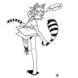 Rule 34 | 1girl, barefoot, byakko (nijiura maids), futaba channel, maid, monochrome, nijiura maids, shikyou-aki (placeholder), short sleeves, single shoe, solo, tiger ears, tiger tail, watermark