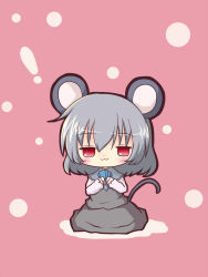 Rule 34 | !, 1girl, :3, animal ears, blush, card, chibi, female focus, grey hair, highres, holding, holding card, jewelry, mouse ears, mouse tail, nazrin, necklace, pendant, pink theme, red eyes, seki514, shirt, sitting, skirt, skirt set, solo, tail, touhou