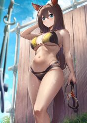 Rule 34 | 1girl, absurdres, alternate costume, animal ears, belly, bikini, blue eyes, blush, breasts, brown hair, cloud, commentary request, curvy, day, domino mask, el condor pasa (umamusume), fence, from below, grass, hair between eyes, hand on own head, herohero (higashi no dou), highres, horse ears, horse girl, horse tail, knees up, large breasts, long hair, mask, unworn mask, navel, outdoors, partial commentary, showering, sky, solo, swimsuit, tail, thighs, umamusume, underboob, wide hips, wooden fence
