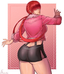 Rule 34 | 1girl, ass, blush, breasts, butt crack, erodrunky, from behind, hair between eyes, hair over eyes, highres, jacket, large breasts, long hair, looking at viewer, miniskirt, red hair, shermie (kof), shiny clothes, shiny skin, sideboob, simple background, skirt, smile, snk, solo, the king of fighters, the king of fighters xv, thighs, very long hair