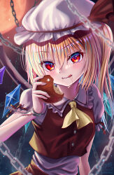 Rule 34 | 1girl, apple, ascot, bitten apple, blonde hair, chain, crystal wings, eating, flandre scarlet, food, food bite, frills, fruit, hat, hat ribbon, highres, holding, holding food, holding fruit, mob cap, moon, outdoors, puffy short sleeves, puffy sleeves, red apple, red eyes, red moon, red ribbon, ribbon, rouge (my rouge), saliva, saliva trail, short sleeves, solo, tongue, tongue out, touhou, upper body, yellow ascot