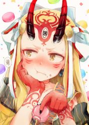 Rule 34 | 1girl, :t, arm support, bare shoulders, blonde hair, blush, bow, brown eyes, head rest, closed mouth, collarbone, commentary request, eating, facial mark, fang, fate/grand order, fate (series), food, food on face, forehead mark, gomennasai, grey background, hair bow, hands up, holding, holding food, horns, ibaraki douji (fate), japanese clothes, kimono, long hair, looking away, looking to the side, macaron, nose blush, off shoulder, oni, oni horns, simple background, solo, star (symbol), upper body, wavy mouth, white bow, yellow kimono