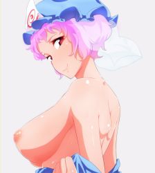 Rule 34 | 1girl, back, bare back, blue hat, blush, breasts, closed mouth, from side, grey background, hat, highres, inverted nipples, large breasts, looking at viewer, looking to the side, mob cap, nipples, no bra, off shoulder, pink hair, puffy nipples, red eyes, saigyouji yuyuko, see-through, shiny skin, short hair, simple background, smile, solo, touhou, undressing, upper body, veil, yocchi (tenyunkel)