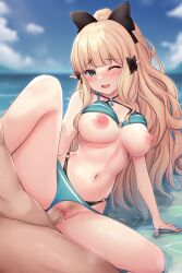 Rule 34 | 1boy, 1girl, arm support, bikini, bikini bottom aside, black bow, blonde hair, blonde pubic hair, blue sky, blurry, blurry background, blush, bow, breasts, clothing aside, cloud, day, green bikini, hair bow, highres, large breasts, long hair, looking at viewer, myuu (arisumeria), nipples, ocean, official alternate costume, one eye closed, open mouth, outdoors, pointy ears, princess connect!, pussy, saren (princess connect!), saren (summer) (princess connect!), sex, sky, solo focus, swimsuit, vaginal, wet, yuuki (princess connect!)