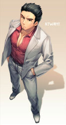 Rule 34 | 1boy, facial hair, formal, from above, frown, goatee, grey suit, hands in pockets, haneten kagatsu, jacket, kiryu kazuma, male focus, open clothes, open jacket, partially unbuttoned, pectoral cleavage, pectorals, red shirt, ryuu ga gotoku (series), sega, shirt, solo, stubble, suit, white suit