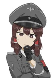 Rule 34 | 1girl, brown eyes, brown hair, hakurei reimu, hat, military, military hat, nazi, nullpo, touhou, white background