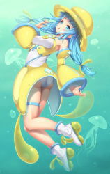 Rule 34 | 1girl, :o, ass, blue eyes, blue hair, full body, hair ribbon, hat, highres, jellyfish, long hair, long sleeves, matching hair/eyes, one-piece swimsuit, original, ribbon, sasaame, shoes, solo, swimsuit, underwater, white one-piece swimsuit